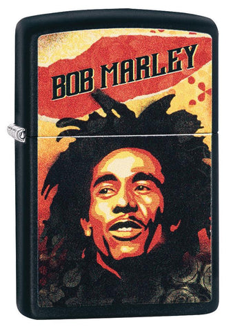 Bob Marley black matte windproof lighter- standing facing front at a 3/4 angle