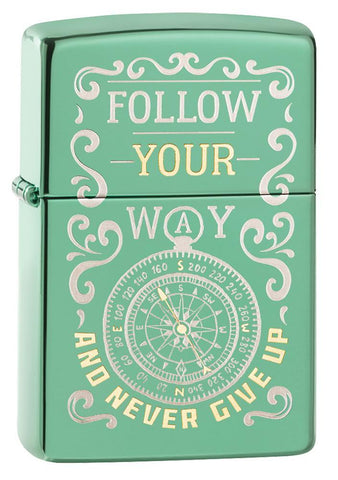 Follow Your Way High Polish Green Windproof Lighter facing forward at a 3/4 angle