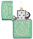 Follow Your Way High Polish Green Windproof Lighter with its lid open and lit