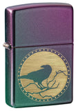 Raven Design Iridescent windproof lighter facing forward at a 3/4 angle