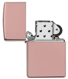 High Polish Rose Gold windproof lighter with the lid open and not lit