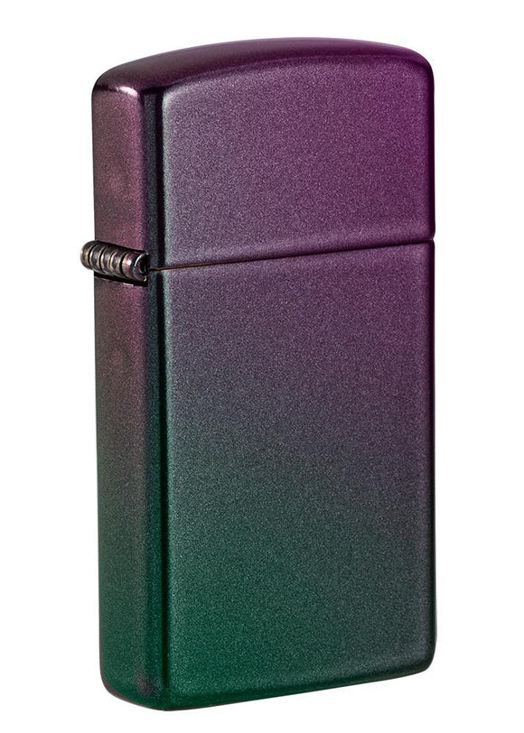 Front shot of Slim Iridescent Windproof Lighter standing at a 3/4 angle