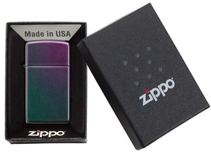 Slim Iridescent Windproof Lighter in its packaging