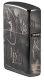 Angled shot of Lisa Parker Mythological Design Windproof Lighter showing the back and hinge side of the lighter