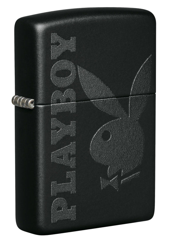 Front shot of Playboy Logo Black Matte Windproof Lighter standing at a 3/4 angle