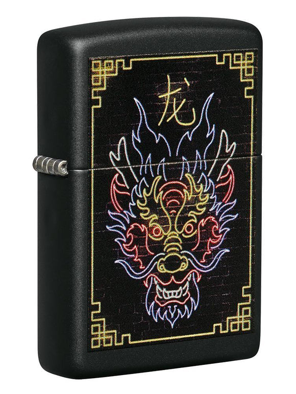 Front shot of Neon Dragon Design Black Matte Windproof Lighter standing at a 3/4 angle