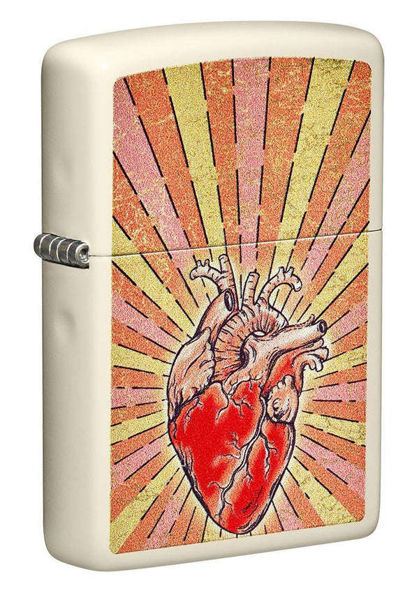 Front shot of Heart Design Cream Matte Windproof Lighter standing at a 3/4 angle
