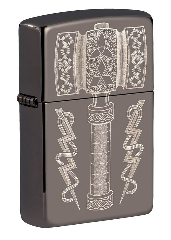 Front shot of Thor's Hammer Design Black Ice® Windproof Lighter standing at a 3/4 angle