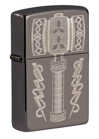 Front shot of Thor's Hammer Design Black Ice?« Windproof Lighter standing at a 3/4 angle