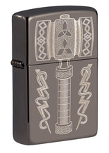 Front shot of Thor's Hammer Design Black Ice?« Windproof Lighter standing at a 3/4 angle