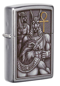 Front shot of Egyptian Gods Design Street Chrome™ Windproof Lighter standing at a 3/4 angle