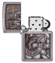 Egyptian Gods Design Street Chrome?äó Windproof Lighter with its lid open and unlit