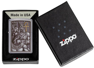 Egyptian Gods Design Street Chrome™ Windproof Lighter in its packaging