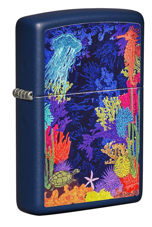 Front shot of Sea Life Design Navy Matte Windproof Lighter standing at a 3/4 angle