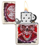 Skull Design Mercury Glass Windproof Lighter with its lid open and lit