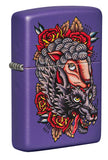 Front shot of Wolf in Sheep's Clothing Design Purple Matte Windproof Lighter standing at a 3/4 angle