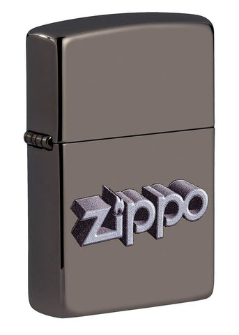 Front shot of Zippo 3D Logo Design Black Ice?« Windproof Lighter standing at a 3/4 angle