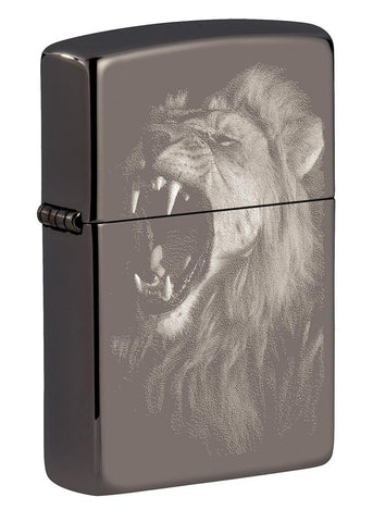 Front shot of Lion Design Black Ice?« Photo Image Windproof Lighter standing at a 3/4 angle