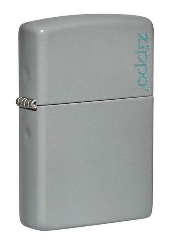 Front shot of Classic Flat Grey Zippo Logo Windproof Lighter standing at a 3/4 angle