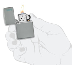 Classic Flat Grey Zippo Logo Windproof Lighter lit in hand