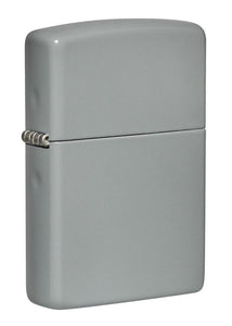 Front shot of Flat Grey Windproof Lighter standing at a 3/4 angle