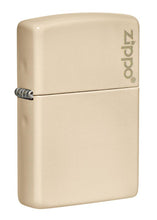 Front view of the Classic Flat Sand Zippo Logo pocket lighter at a 3/4 angle