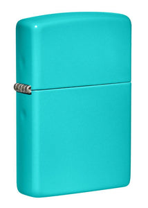 Front shot of Classic Flat Turquoise Windproof Lighter standing at a 3/4 angle