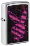 Front shot of Playboy Neon Pink Striped Rabbit Head Street Chrome™ Windproof Lighter stranding at a 3/4 angle.