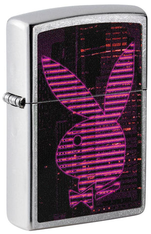 Front shot of Playboy Neon Pink Striped Rabbit Head Street Chrome™ Windproof Lighter stranding at a 3/4 angle.