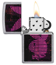 Playboy Neon Pink Striped Rabbit Head Street Chrome?äó Windproof Lighter with its lid open and lit.