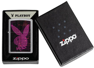 Playboy Neon Pink Striped Rabbit Head Street Chrome?äó Windproof Lighter in its packaging.