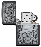 Gambling Skull Black Matte windproof lighter with its lid open and not lit