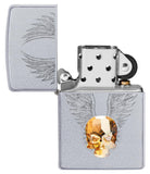 Front view of the Gold Skull Design Lighter with Skull Emblem open and unlit