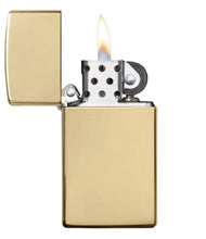 Slim?« High Polish Brass Finish Windproof Lighter with its lid open and lit