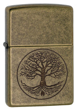 Front shot of Tree of Life Antique Brass Windproof Lighter standing at a 3/4 angle