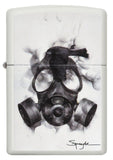Front view of the Black Bird Resting on a Smoking Gas Mask 