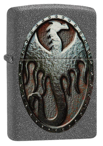 Front shot of Metal Dragon Shield Design Iron Stone Lighter standing at a 3/4 angle