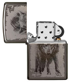 Wolf Design Black Ice Windproof Lighter with its lid open and unlit