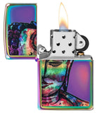 Bright Buddha Design Multi Color Windproof Lighter with its lid open and lit