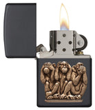 Three Monkeys Black Matte Windproof Lighter with its lid open and lit