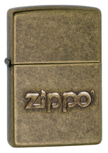 Front shot of Zippo Stamp Antique Brass Lighter standing at a 3/4 angle