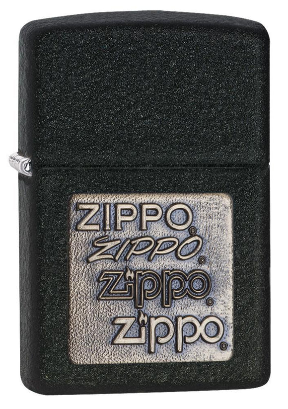 Front view of the Black Crackle Gold Zippo Logo Emblem Lighter shot at a 3/4 angle 