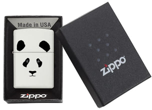 White Matte Panda Windproof Lighter in packaging