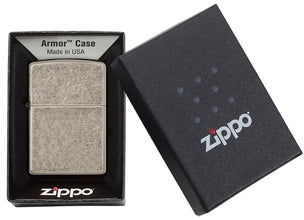 Armor® Antique Silver Plate Windproof Lighter in its packaging