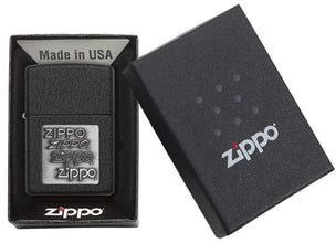 Black Crackle Silver Zippo Logo Emblem Windproof Lighter in its packaging