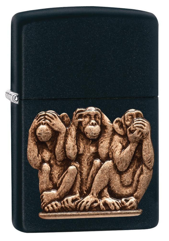 Front shot of Three Monkeys Black Matte Windproof Lighter standing at a 3/4 angle