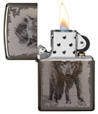 Wolf Design Black Ice Windproof Lighter with its lid open and lit
