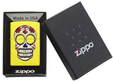 Front view of the Day of the Dead, Neon Yellow Lighter in one box packaging 