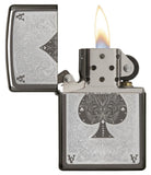 Ace Filigree Engraved Windproof Lighter with its lid open and lit