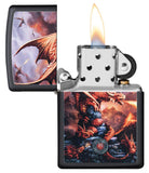 Anne Stokes Dragon design Black Matte windproof lighter with its lid open and lit